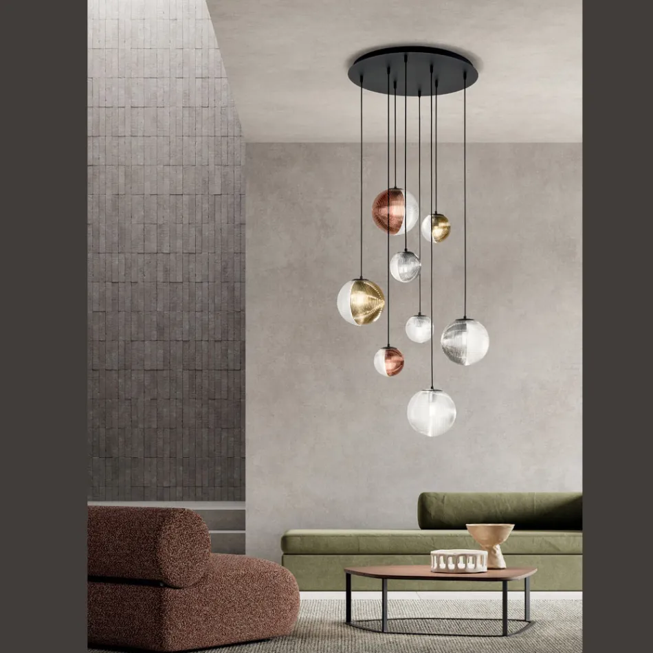 Chandelier with 8 Lights in Blown Glass in the Shape of a Sphere Made in Italy - Prilla Viadurini