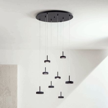 Chandelier with Round Base in Black Painted Metal and LED Light - Hornbeam Viadurini