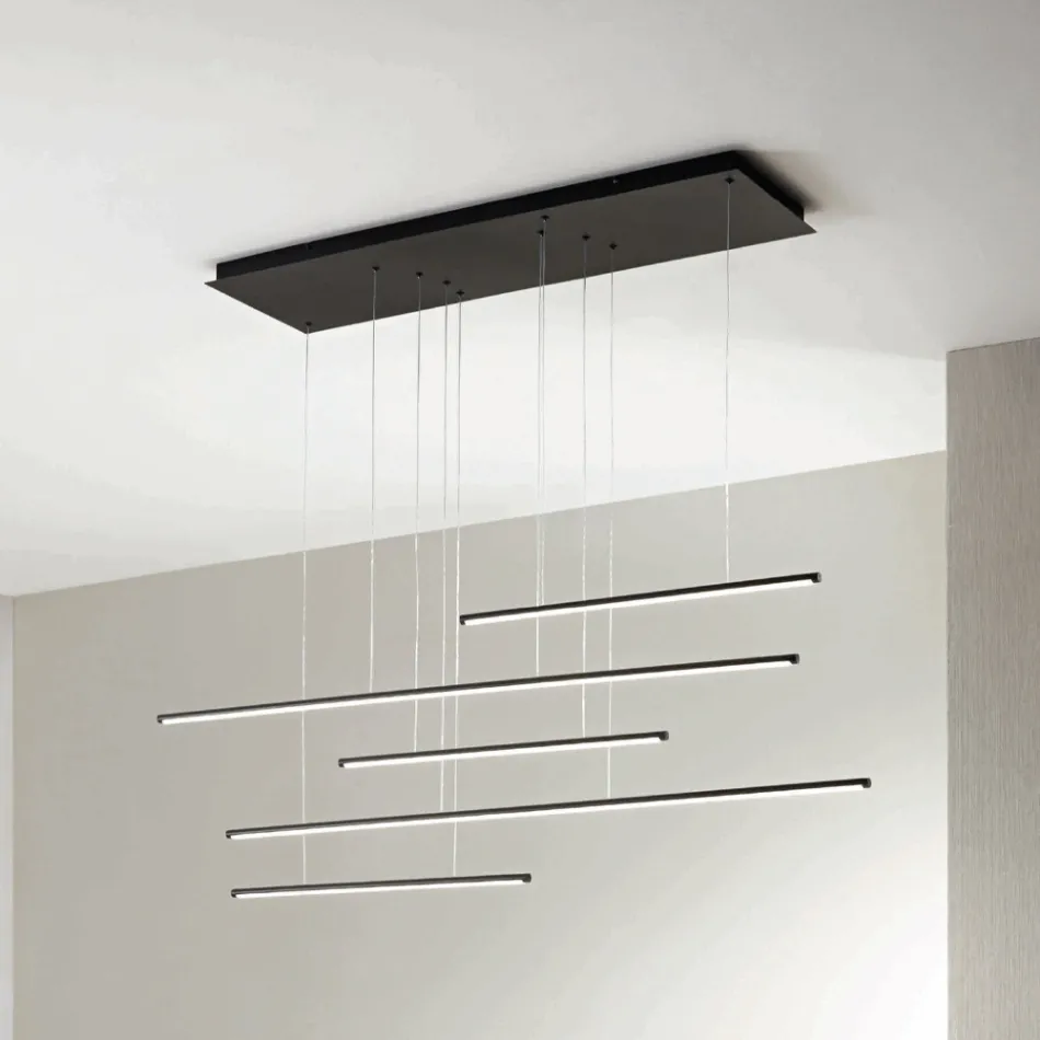 Chandelier with Horizontal LED Lights in Metal and Adjustable Cables - Orange Viadurini