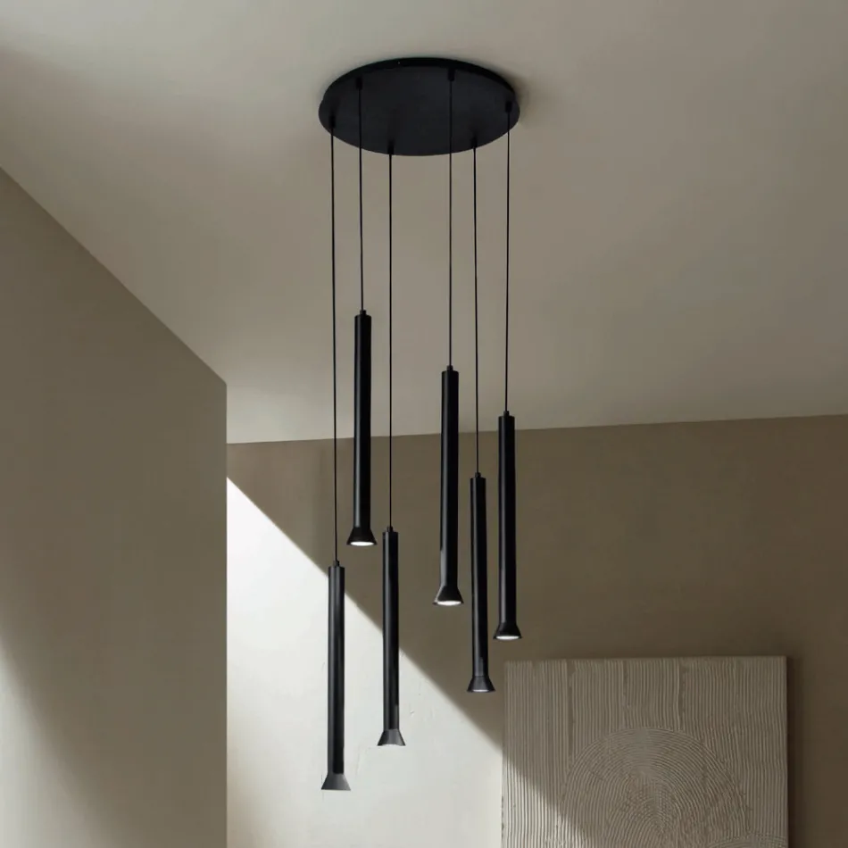 Chandelier with Black Painted Metal Frame and Adjustable Cables - Birch Viadurini