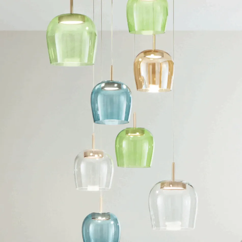 Gold Painted Metal Chandelier with LED Light and Colored Glass - Hornbeam Viadurini