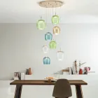 Chandelier in Gold Painted Metal and LED Light and Colored Glass - Hornbeam Viadurini