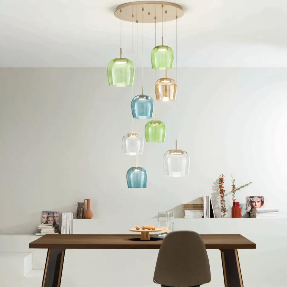 Chandelier in Gold Painted Metal and LED Light and Colored Glass - Hornbeam Viadurini