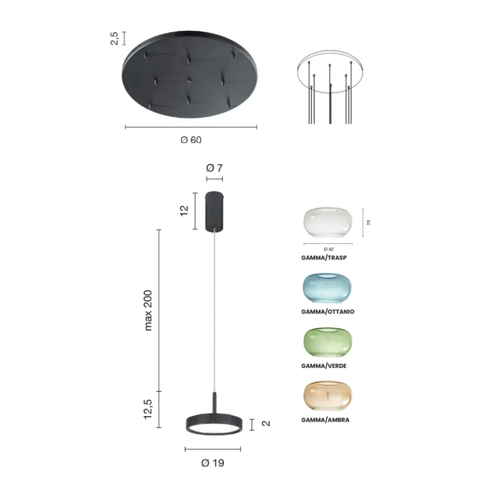 Gold Painted Metal Chandelier with LED Light and Colored Glass - Hornbeam Viadurini