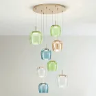 Chandelier in Gold Painted Metal and LED Light and Colored Glass - Hornbeam Viadurini