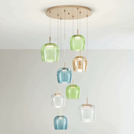 Chandelier in Gold Painted Metal and LED Light and Colored Glass - Hornbeam Viadurini