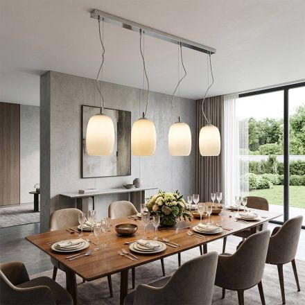 Four-Light Chandelier on a Linear Bar in Blown Glass Made in Italy - Soffio Viadurini