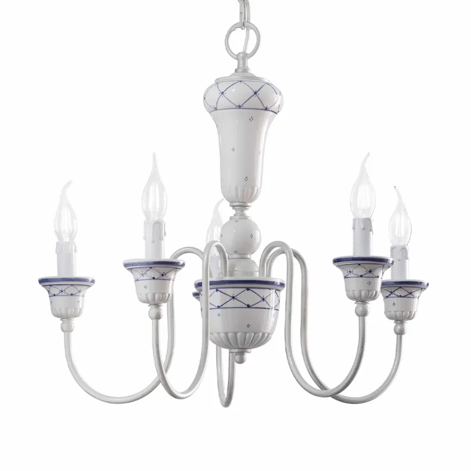 5 Lights Lounge Chandelier in Hand Painted Ceramic and Brass - Sanremo Viadurini