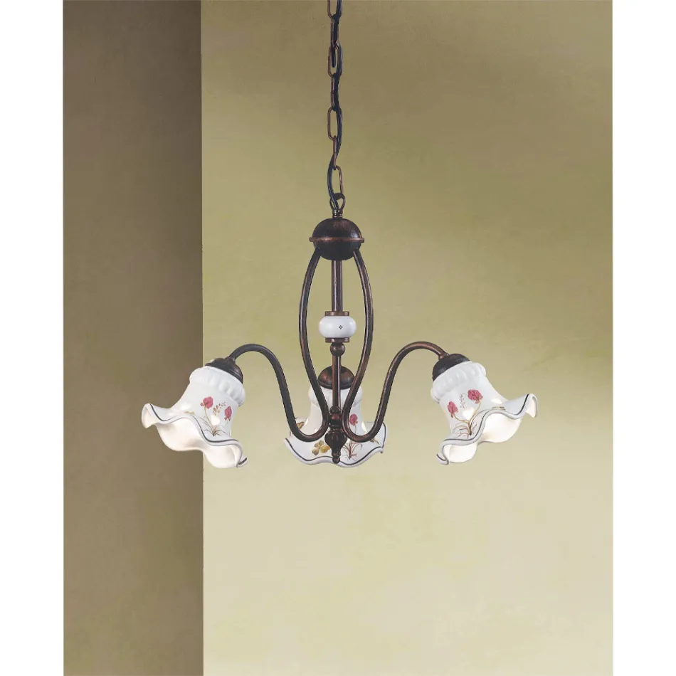 Vintage Chandelier 3 or 5 Lights in Iron and Hand-Decorated Ceramic - Chieti Viadurini