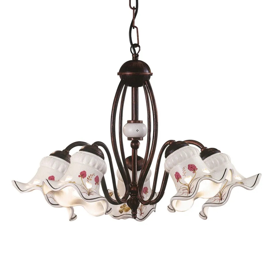Vintage Chandelier 3 or 5 Lights in Iron and Hand-Decorated Ceramic - Chieti Viadurini