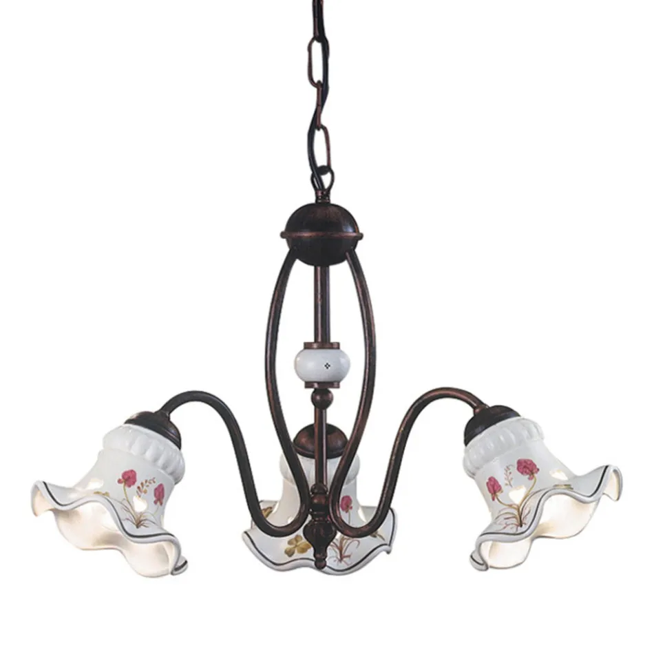 Vintage Chandelier 3 or 5 Lights in Iron and Hand-Decorated Ceramic - Chieti Viadurini