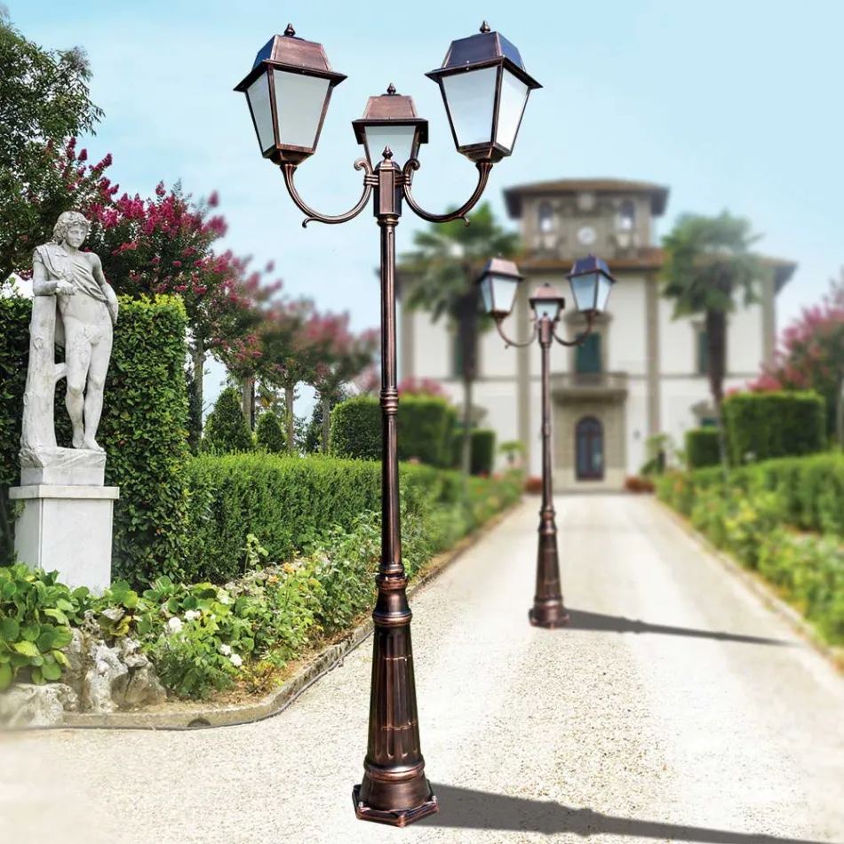 Lamppost 3 Lights Vintage Style in Aluminium and Glass Made in Italy - Doroty Viadurini