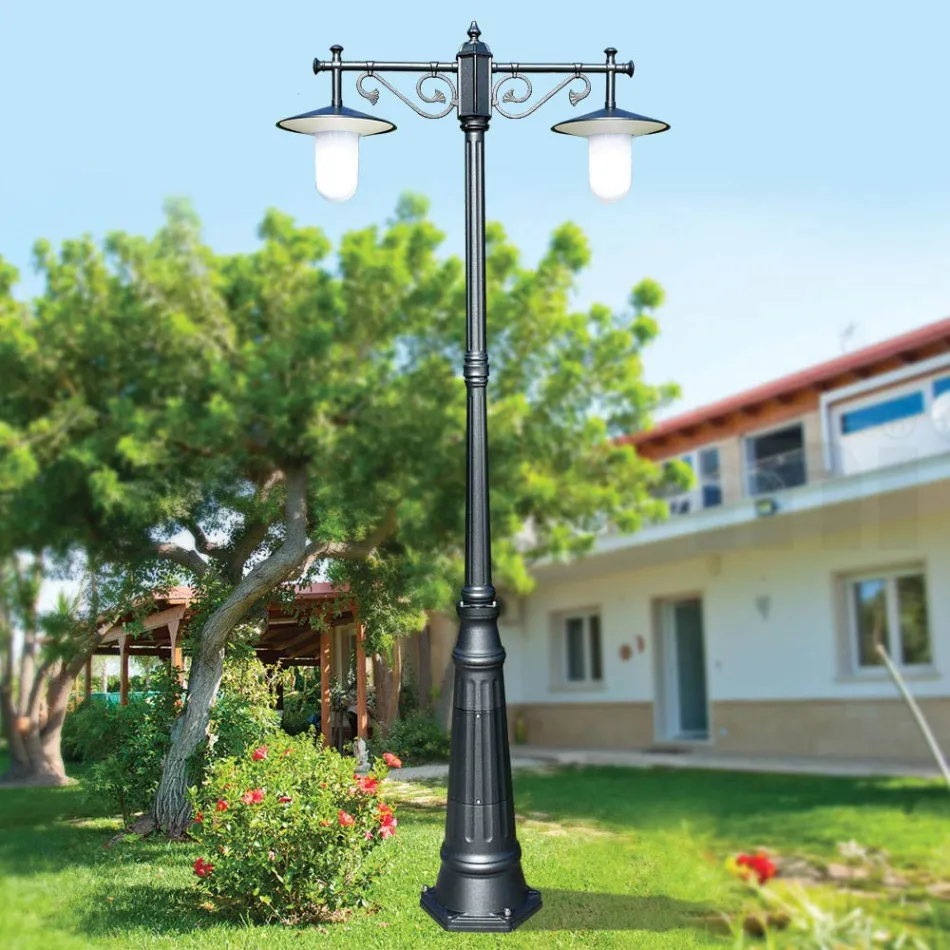 Lamppost 2 Lights Vintage Style in Grey Aluminium Made in Italy - Belen Viadurini