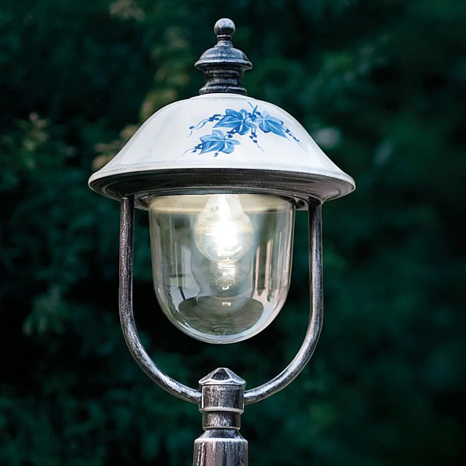 Outdoor Lamppost in Hand Painted Aluminium with Flowers Decoration - Bari Viadurini