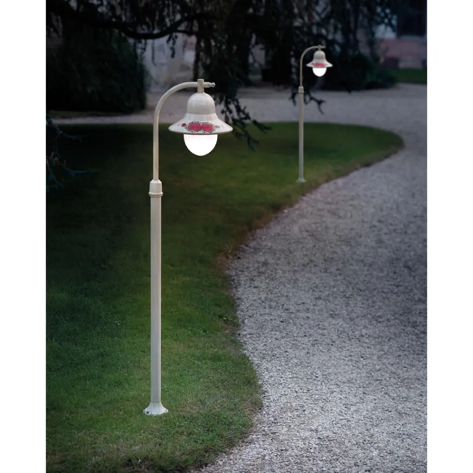 Outdoor White Aluminium Lamppost and Hand Painted Flowers Decor - Imperia Viadurini