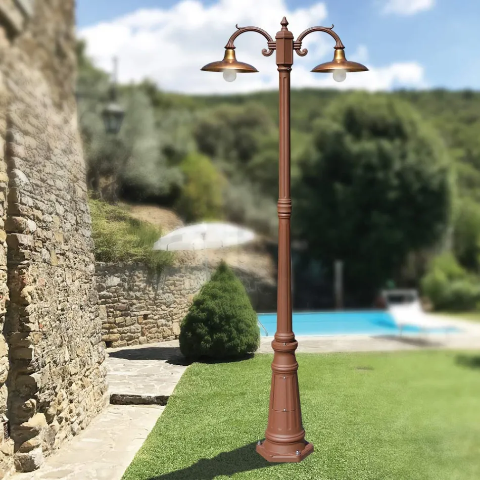 Vintage Style Street Lamp 2 Lights in Aluminium and Brass Made in Italy - Adela Viadurini