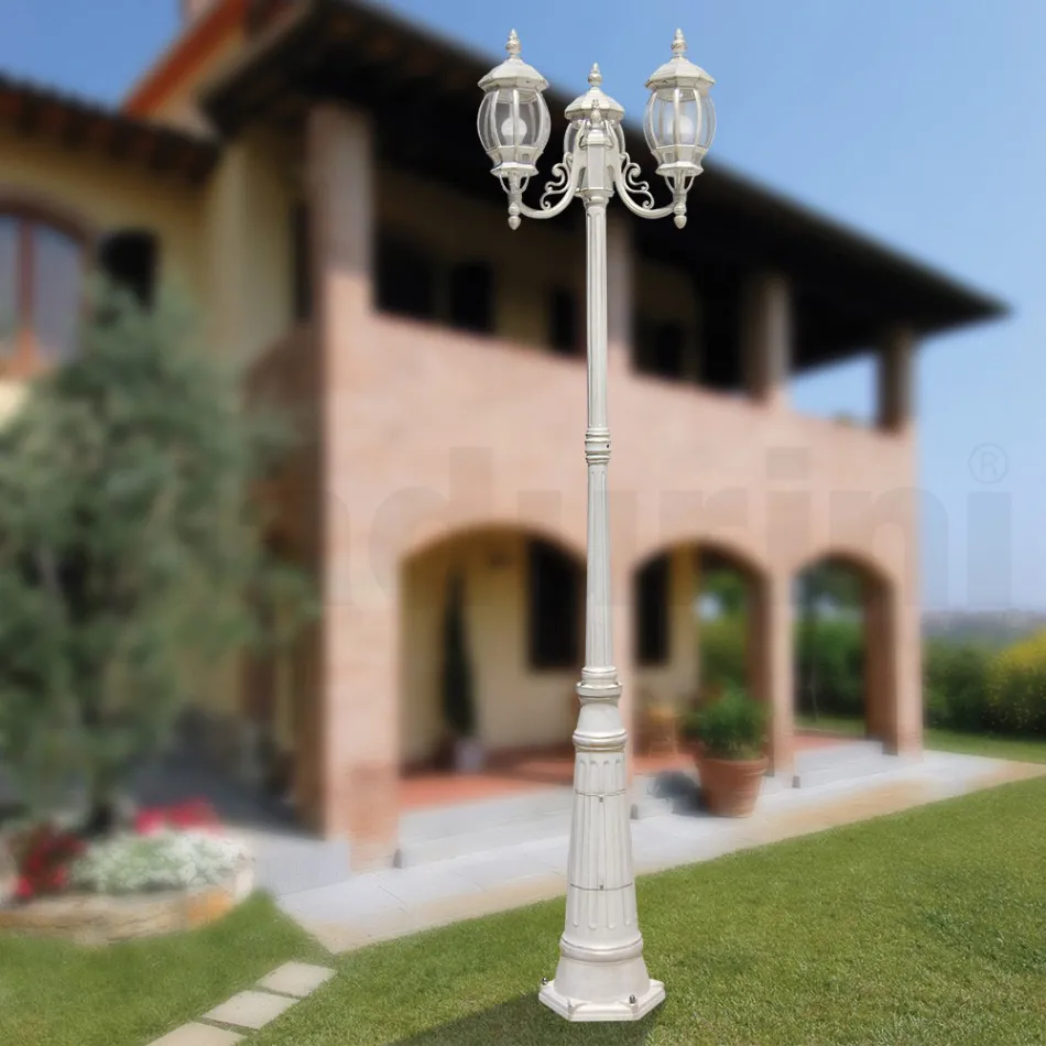 Vintage Style Street Lamp with 3 Lights in White Aluminium Made in Italy - Dodo Viadurini