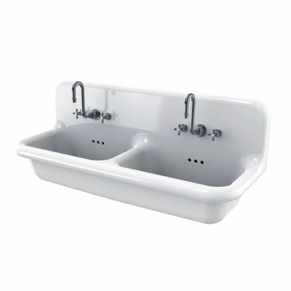 Double wall-mounted white ceramic wall-mounted washbasin Andy modern style Viadurini