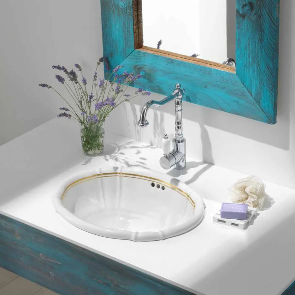 Recessed bathroom sink in porcelain and gold made in Italy, Santiago Viadurini