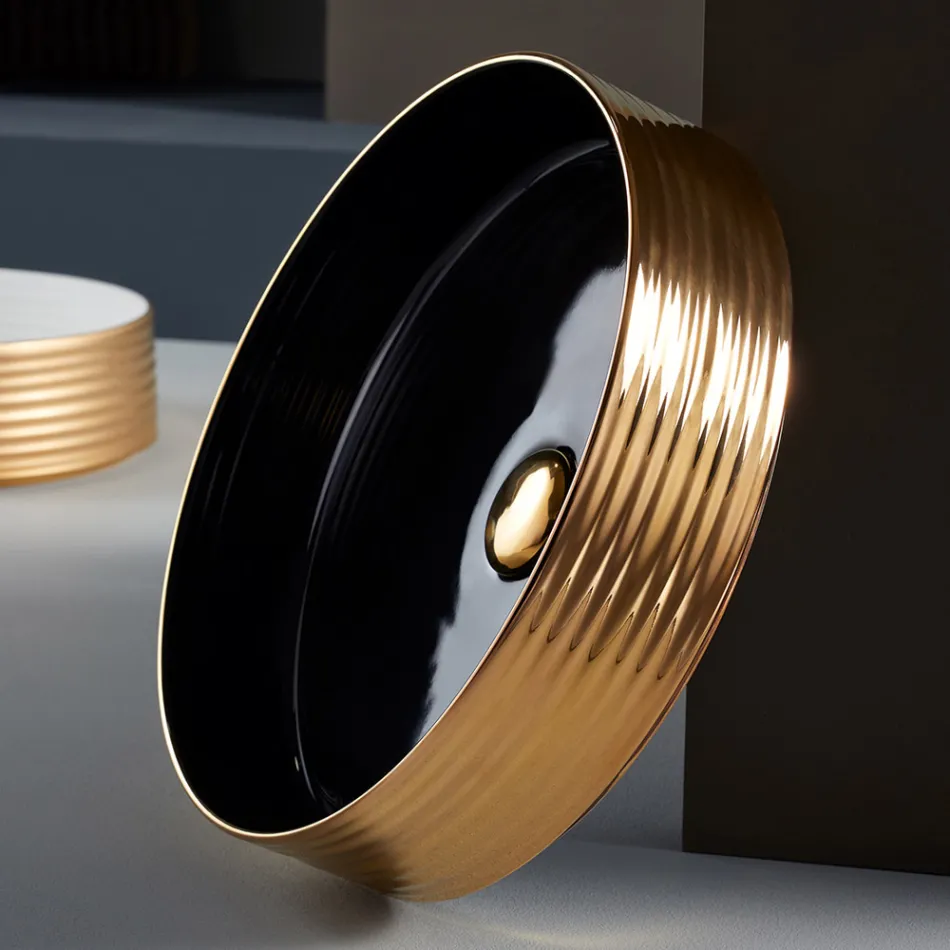 Bathroom sink in hand-turned porcelain stoneware Made in Italy - Darts Viadurini