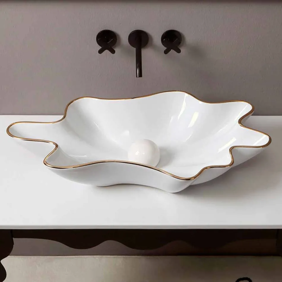 Countertop design ceramic white gold washbasin made in Italy Rayan Viadurini