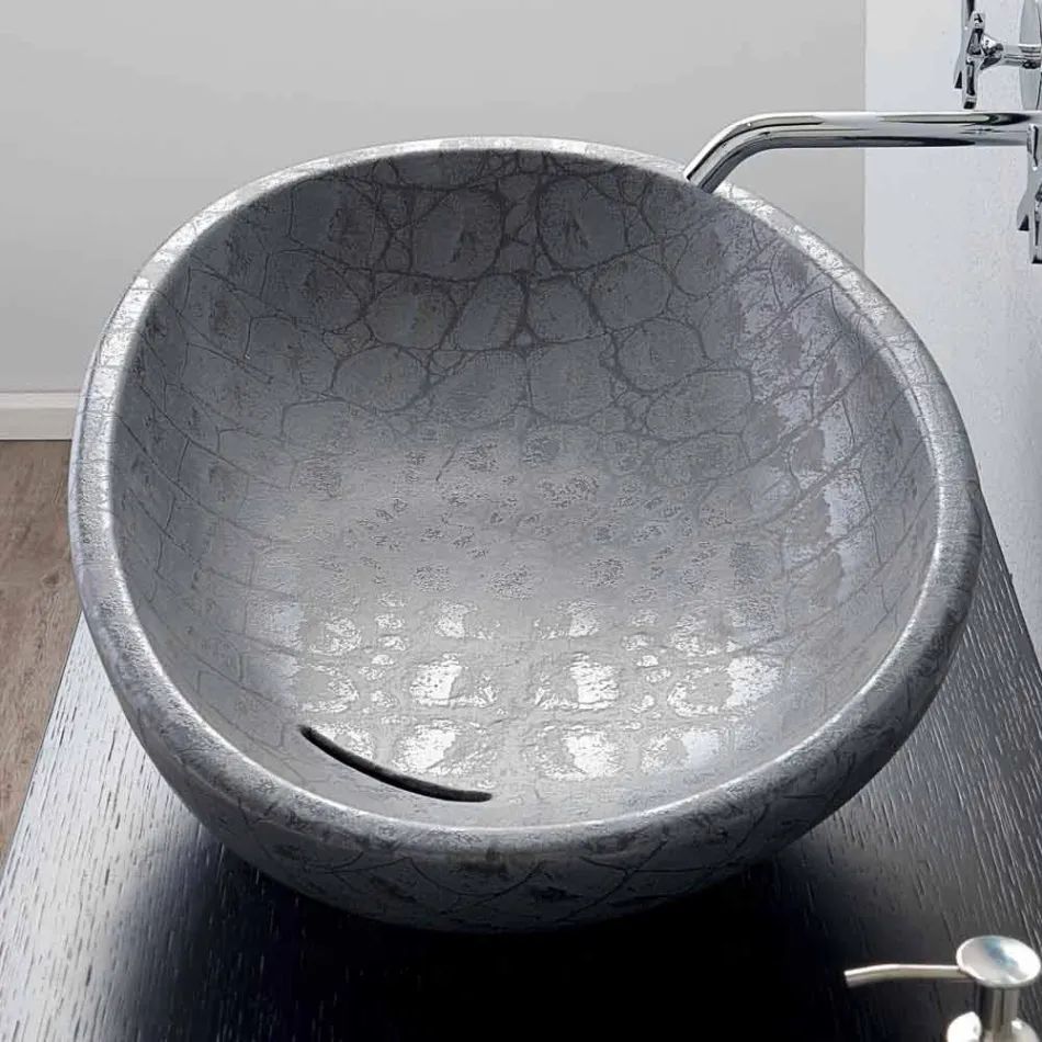 Countertop washbasin in grey coconut printed ceramic made in Italy Glossy Viadurini