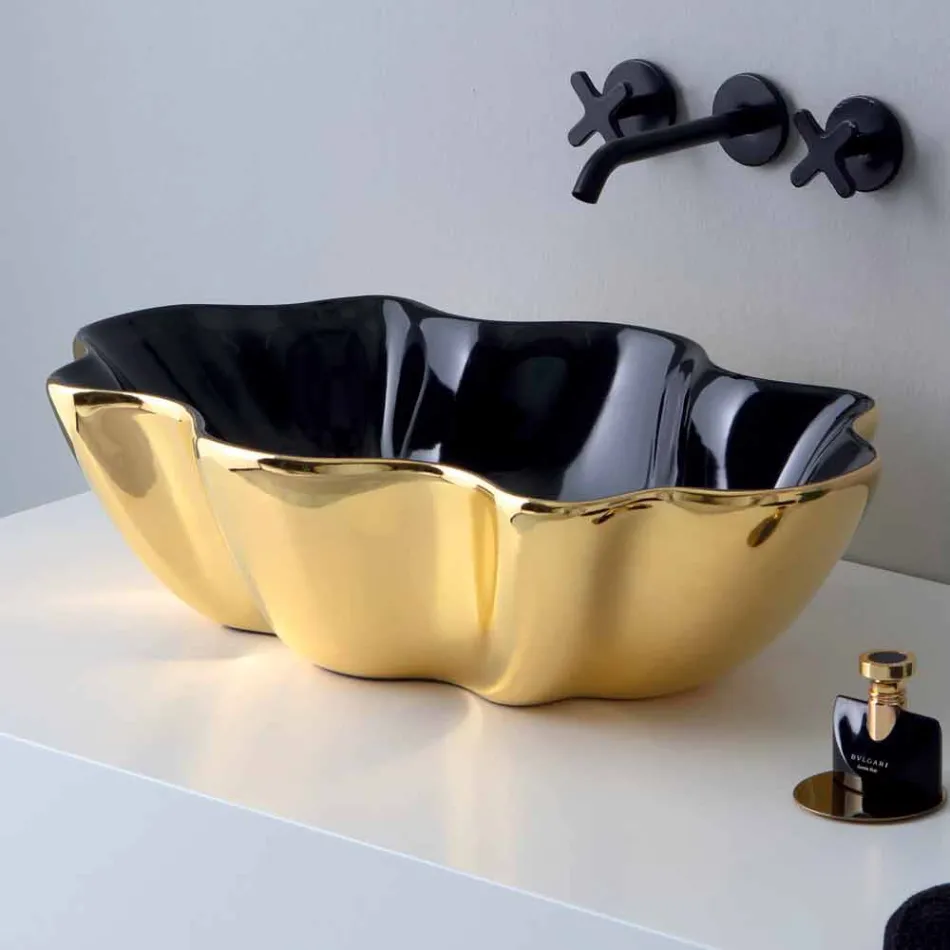 Modern countertop washbasin in gold and black ceramic made in Italy Cube Viadurini