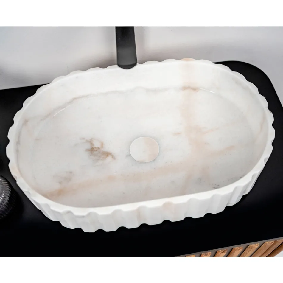 Oval Countertop Washbasin for the Bathroom Made of White Marble - Cunzite Viadurini