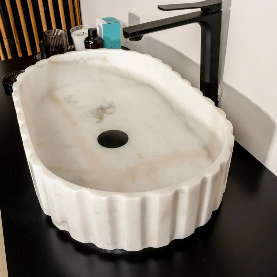 Oval Countertop Washbasin for the Bathroom Made of White Marble - Cunzite Viadurini