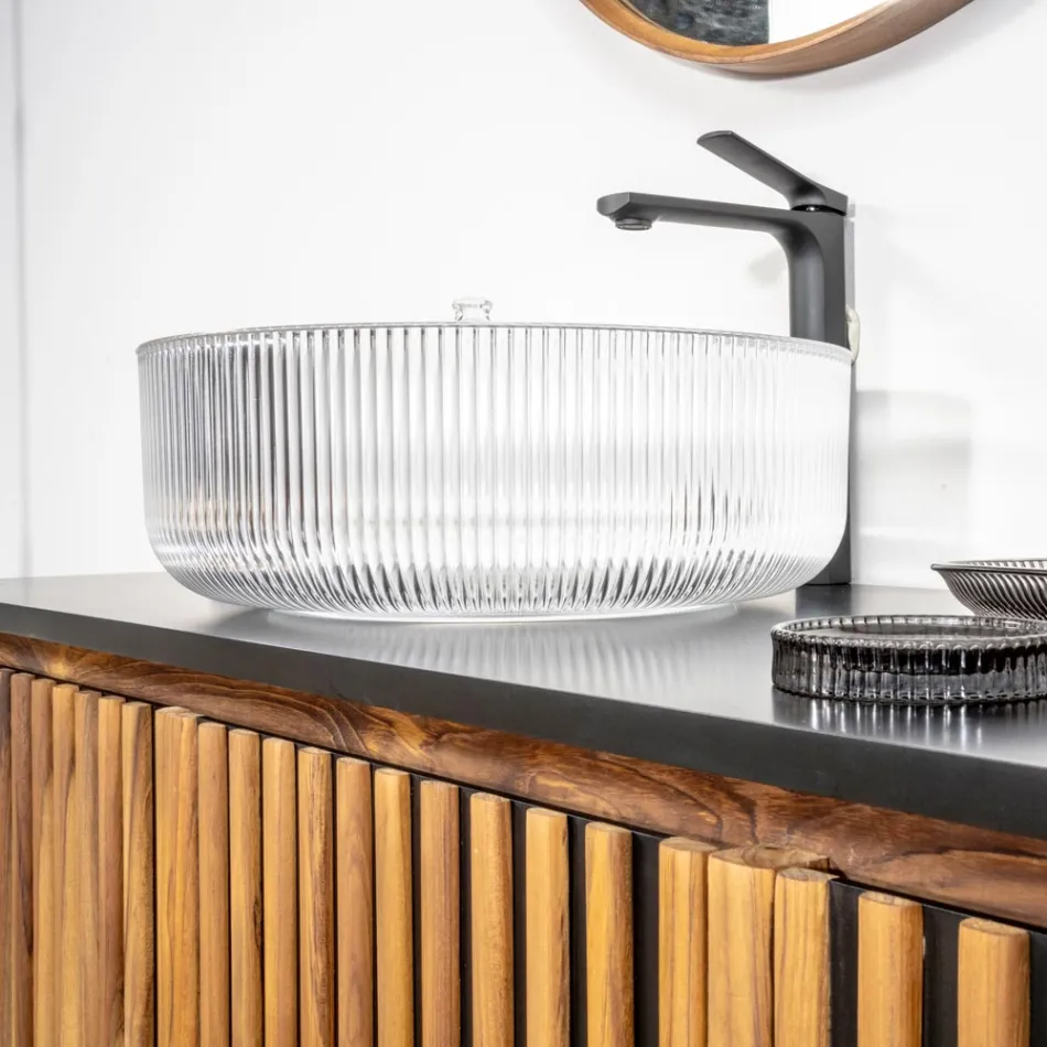 Round Countertop Washbasin in Plissè Venetian Glass Made in Italy - Zircon Viadurini