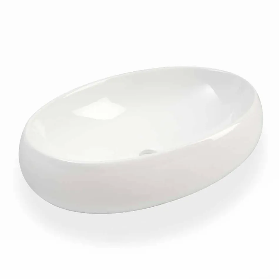 White Ceramic Oval Countertop Washbasin Made in Italy - Bergen Viadurini