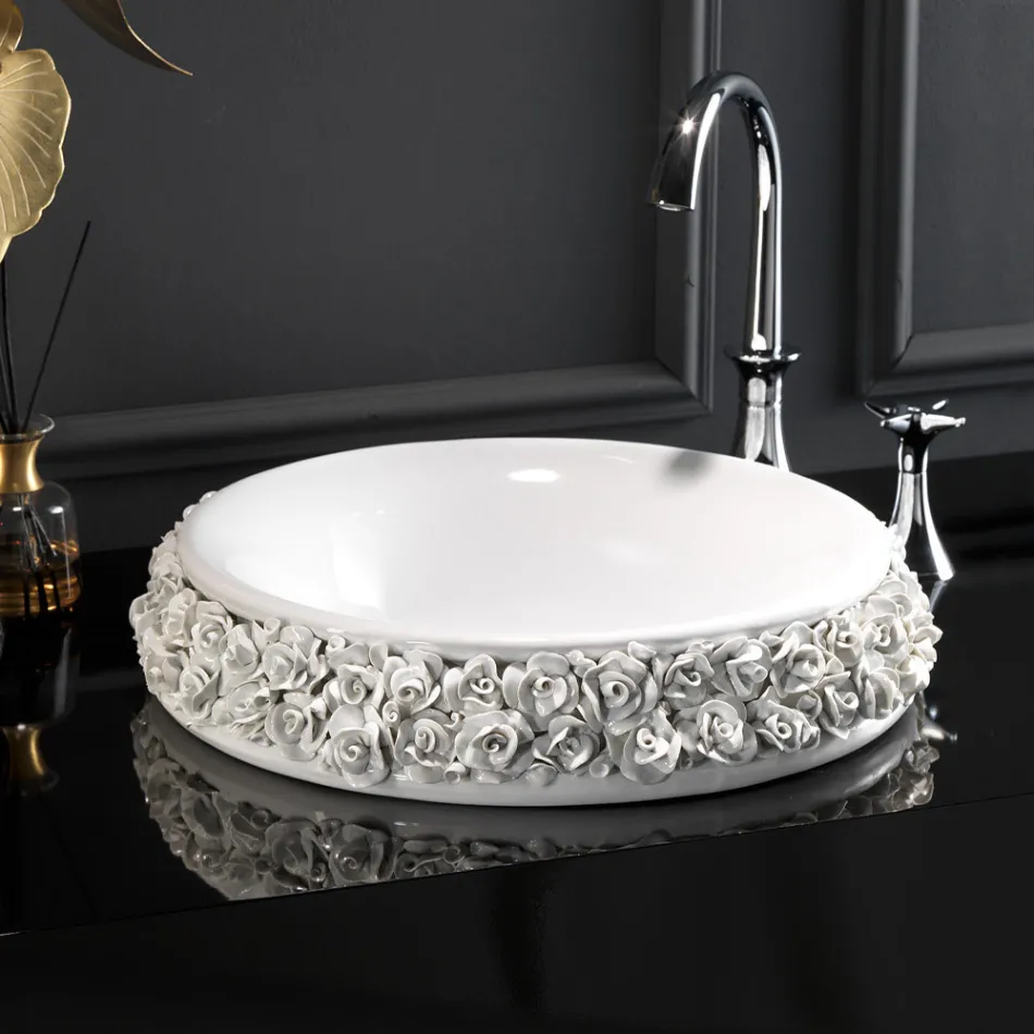 Porcelain washbasin with hand-applied petals Made in Italy - Amarone Viadurini
