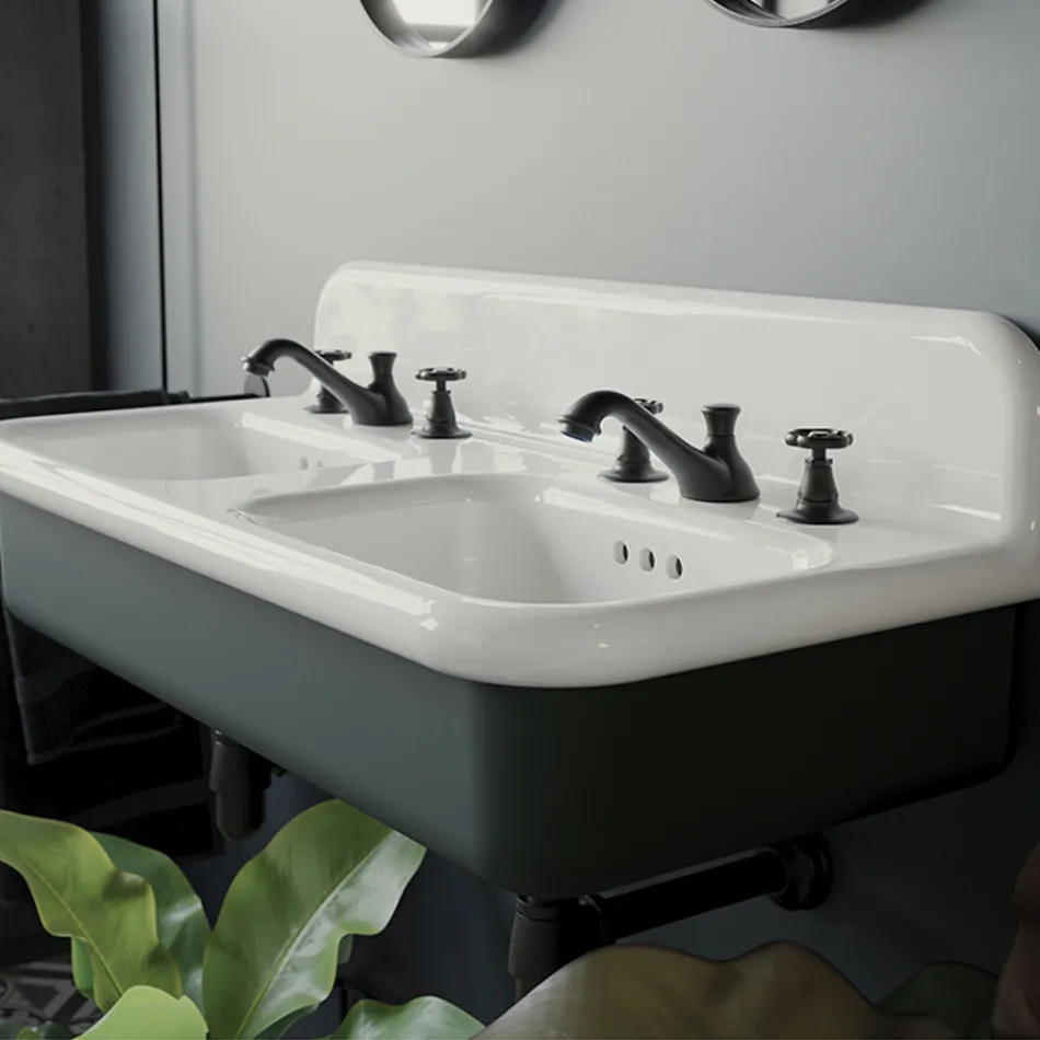Double Bathroom Sink with Rectangular and Ceramic Structure - Kevin Viadurini