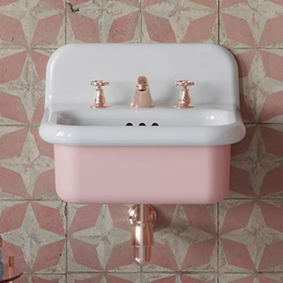 Suspended Bathroom Washbasin in White and Sweets Pink Ceramic - Manila Viadurini