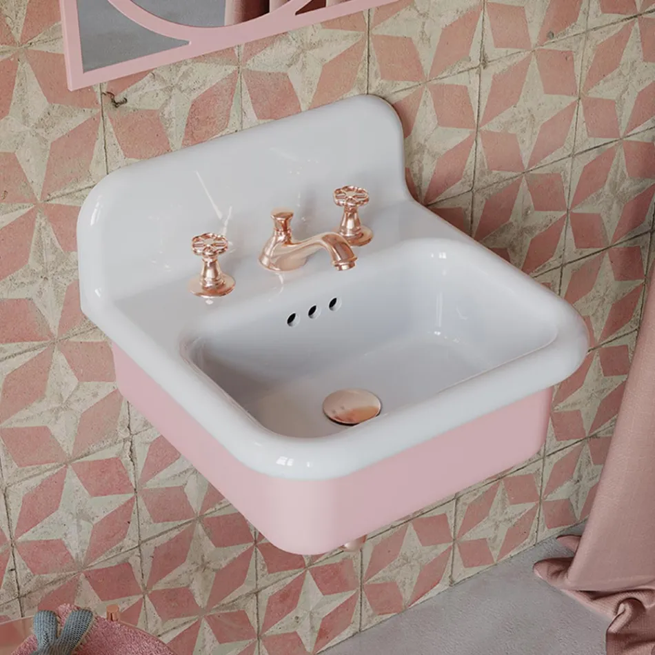 Suspended Bathroom Washbasin in White and Sweets Pink Ceramic - Manila Viadurini