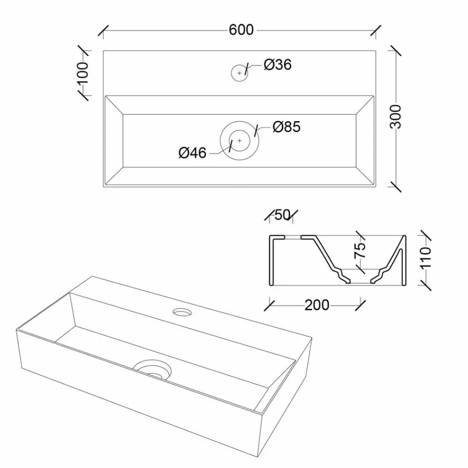 Modern Rectangular Countertop or Suspended Washbasin 60x30 cm in Ceramic - Act Viadurini