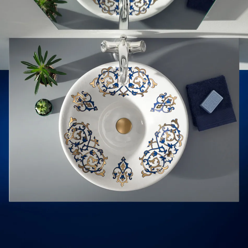 Semi-recessed washbasin with Cobalt Blue and Gold or Gold decorations Made in Italy - Capatosta Viadurini