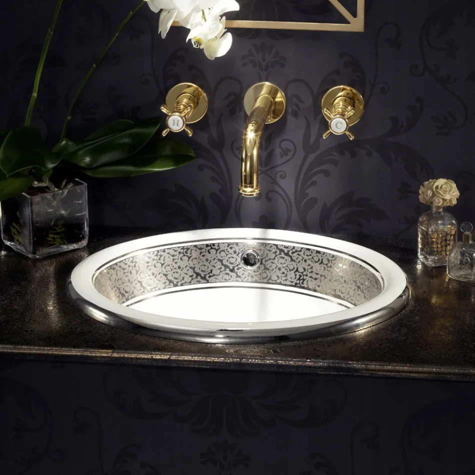 Semi-recessed washbasin in Fire Clay with band in different finishes - Botticino Viadurini