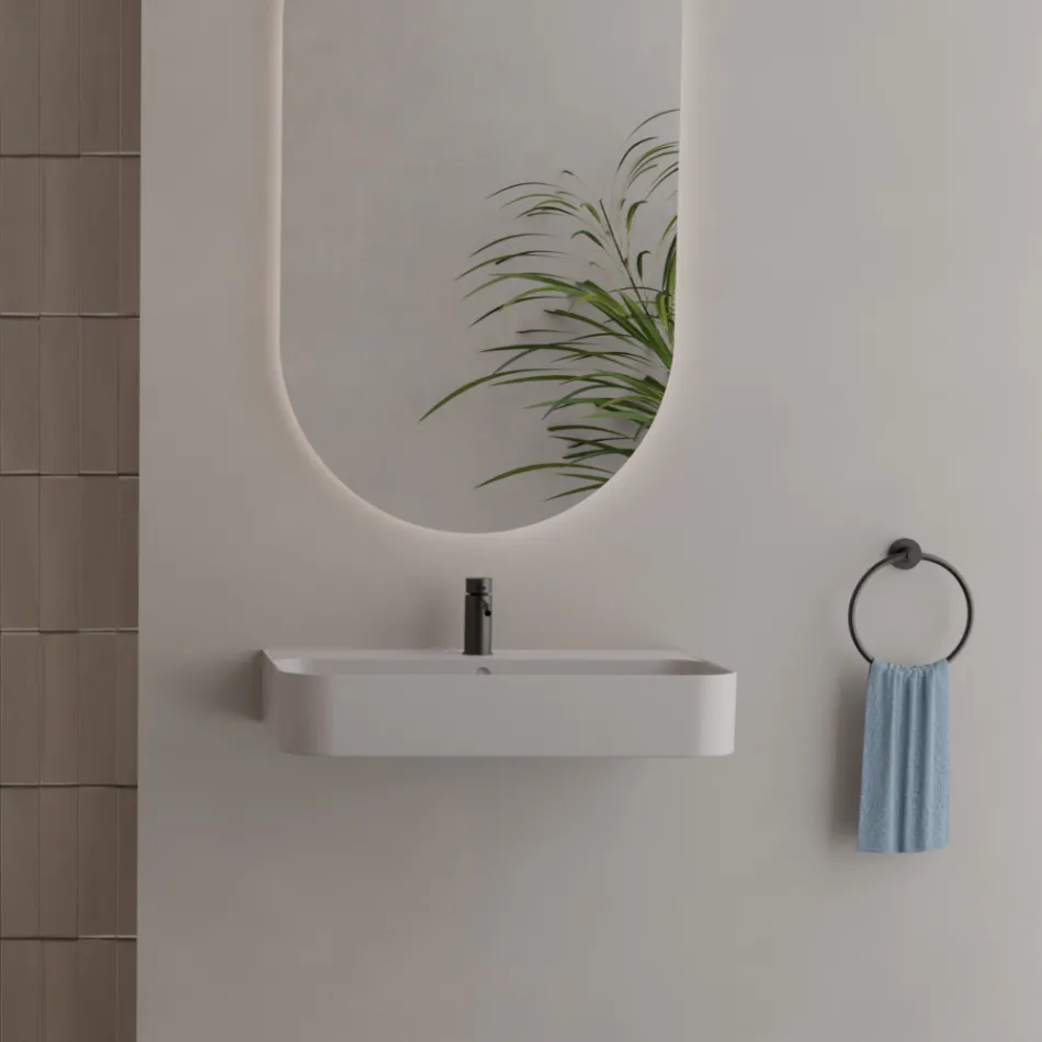 Wall-hung Ceramic Washbasin with Optional Towel Holder Made in Italy - Graffa Viadurini
