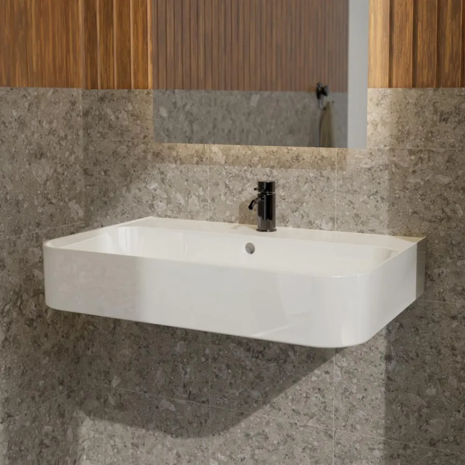 Wall-hung Ceramic Washbasin with Optional Towel Holder Made in Italy - Graffa Viadurini