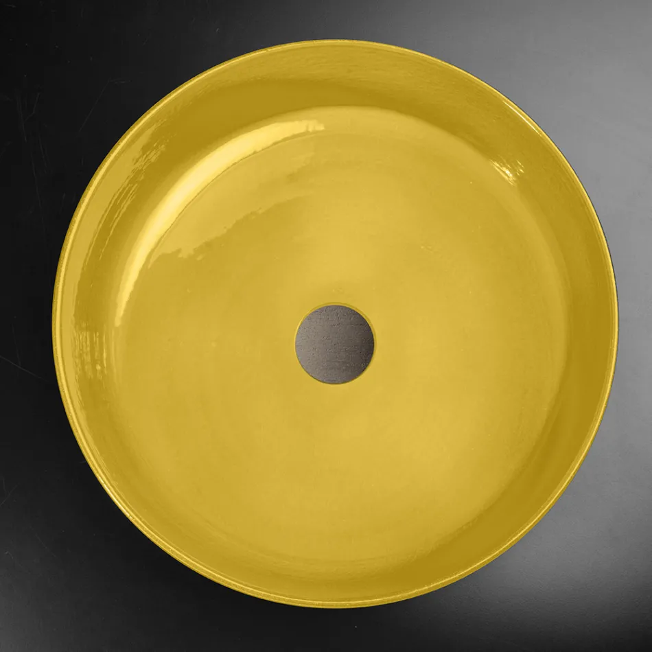 Yellow Round Countertop Washbasin in Glazed Clay Made in Italy - Tatiana Viadurini