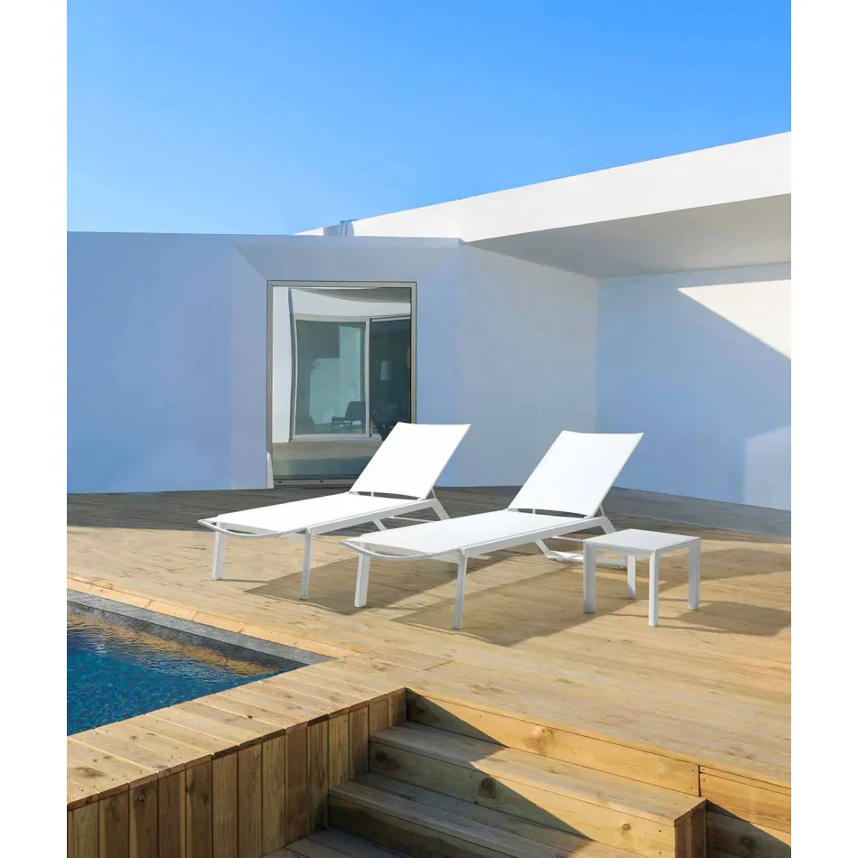 Reclining Outdoor Lounger with Aluminium and Textilene Wheels - Jewel Viadurini