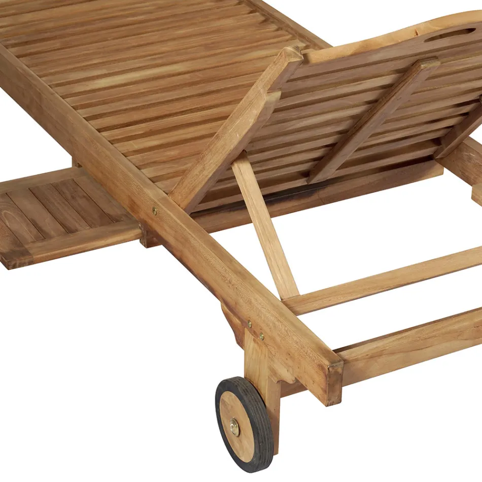 Teak Garden Lounger with Removable Table and Wheels - Oasi Viadurini