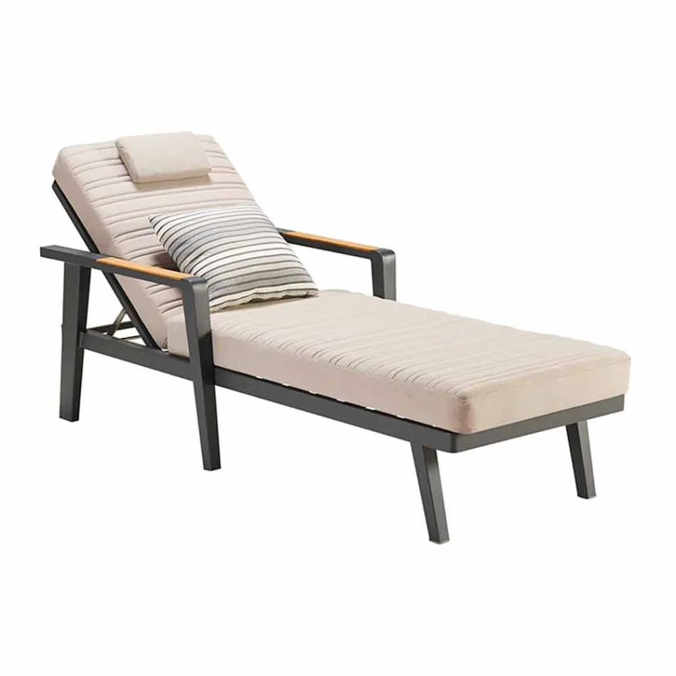Aluminium Sunbed and Teak Armrests with Headrest - Moira Viadurini