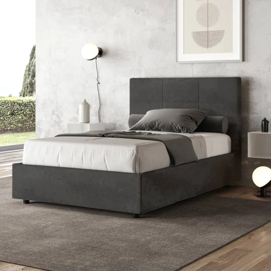 140x200 cm Bed with Rectangle Headboard in Microfiber Made in Italy - Brina Viadurini