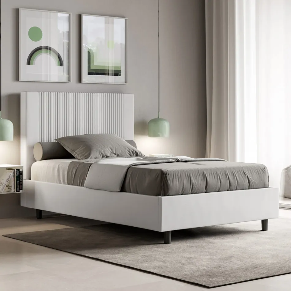 140x200 cm bed with headboard decorated with vertical lines, Made in Italy - Pattini Viadurini