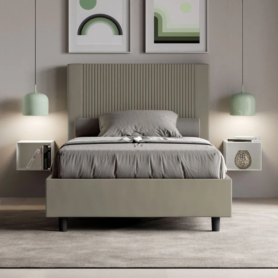 140x200 cm bed with headboard decorated with vertical lines, Made in Italy - Pattini Viadurini
