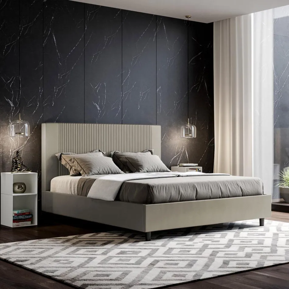 160x200 cm Bed with Headboard Decorated with Vertical Lines Made in Italy - Pattini Viadurini