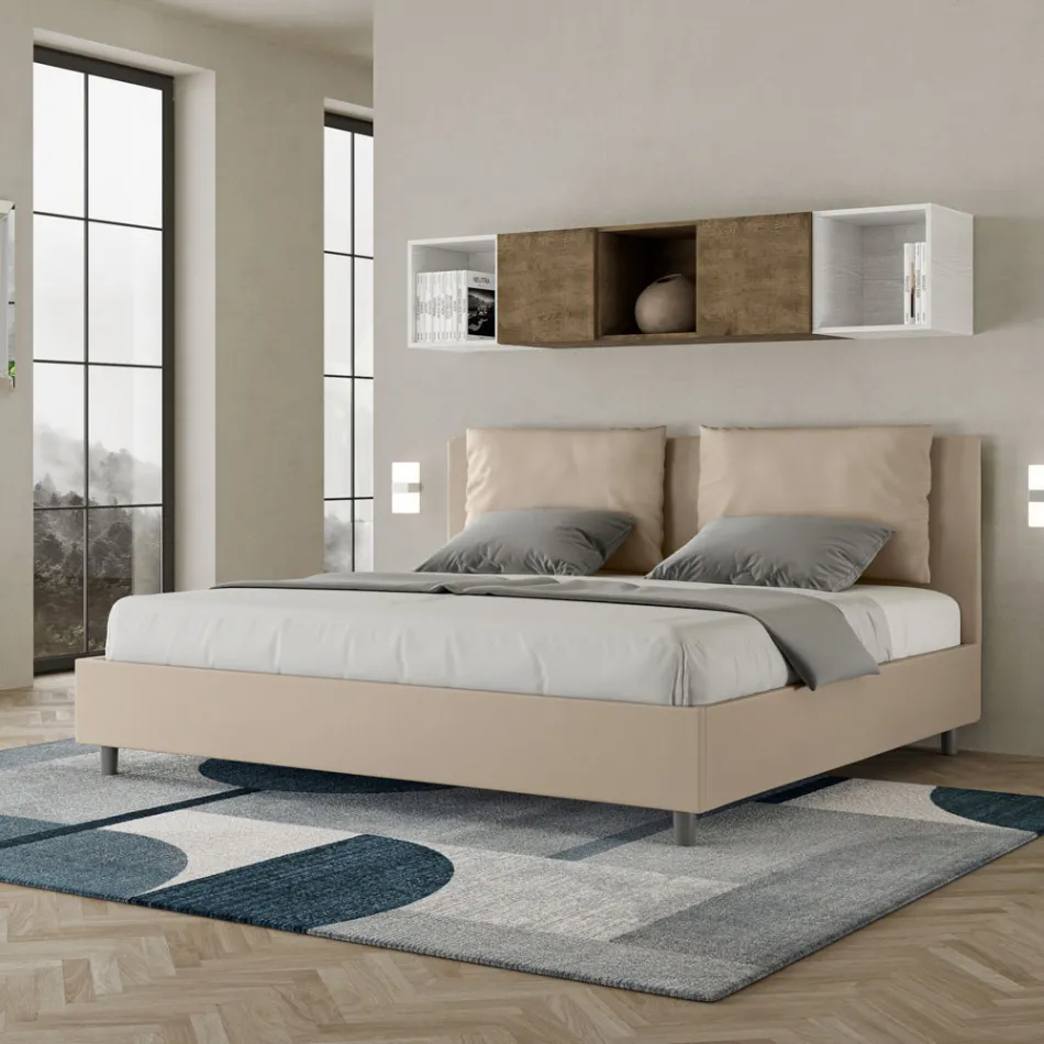 180x200 cm Bed with Headboard and Faux Leather Cushions Made in Italy - Olimpiadi Viadurini