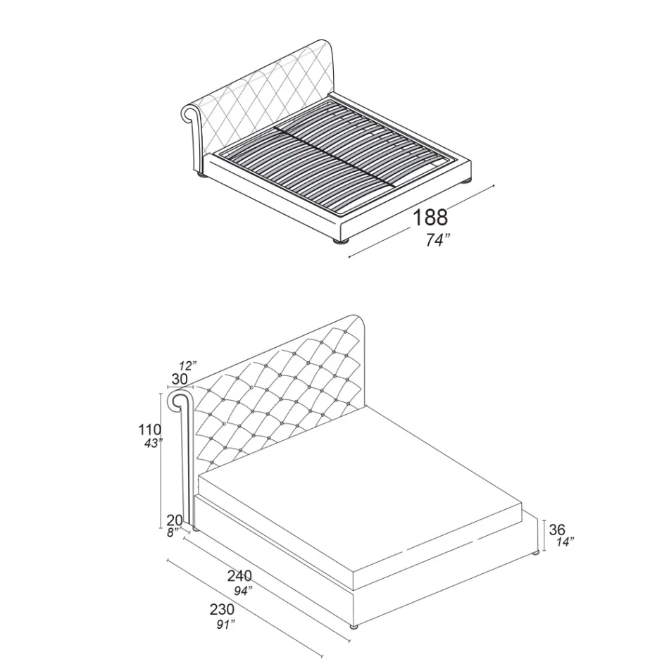 Double bed with capitonné padding and wooden feet - Briosco Viadurini